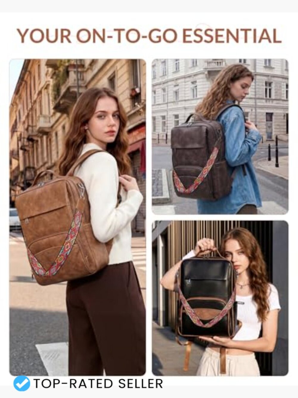 Leather Laptop Backpack 15.6 Inch Daypack with Tech Organizer Travel Work Bag - Picture 2 of 6